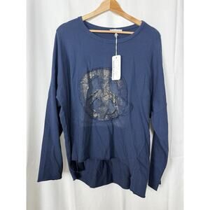 NWT Made in Italy Womens Blue Gold Glitter Peace Sign Top Longsleeve One Size